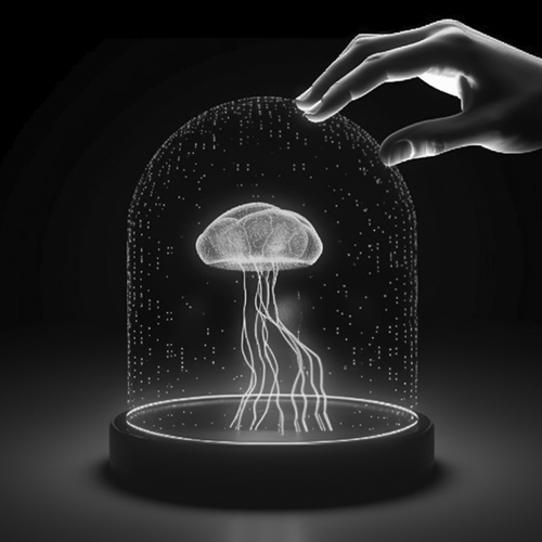 Main interagissant avec une représentation numérique de méduse, illustrant la manipulation délicate de l'IA par Groupe IA.