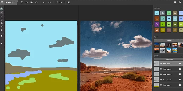 Capture d'écran de l'interface utilisateur NVIDIA Canvas, montrant une comparaison entre une esquisse de paysage brute et sa transformation en temps réel en une image réaliste grâce à l'IA.
