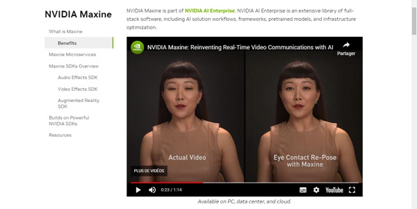 Capture d'écran de NVIDIA Maxine présentant une démonstration de la réinvention des communications vidéo en temps réel avec l'IA, comparant une vidéo réelle à côté d'une vidéo améliorée par Maxine pour le contact visuel.