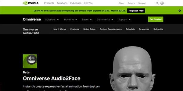 Capture d'écran de la page NVIDIA Omniverse Audio2Face montrant une animation faciale 3D générée à partir de données audio en temps réel.