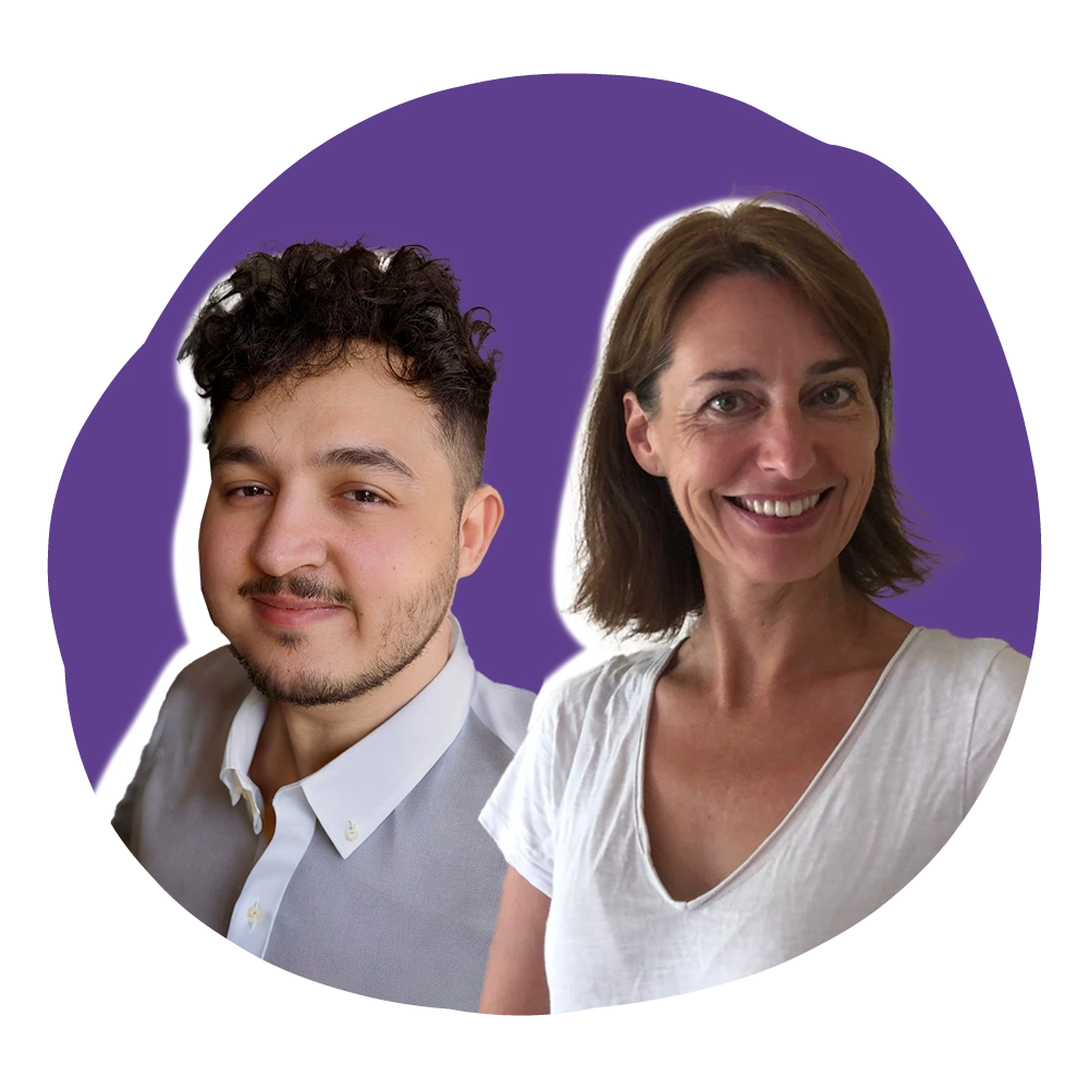 Anne et Adrien, membres clés de l'équipe Groupe IA, souriants et représentatifs de l'expertise et de l'innovation de l'entreprise.